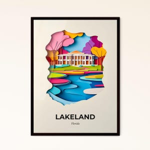 Vivid Lakeland, Florida - un ritaglio di carta raffigurante una casa e un fiume - Stampa Fine Art, personalizzabile