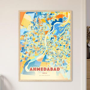Carte d'art de couleurs côtières d'Ahmedabad en Inde, carte de la ville d'Ahmedabad en Inde - impression poster personnalisable ou téléchargement numérique