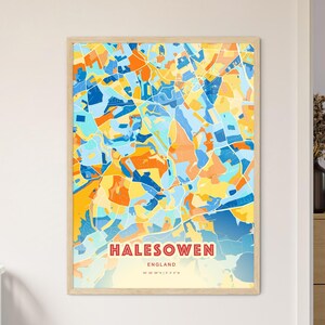 Carte artistique des couleurs côtières de Halesowen en Angleterre, carte de la ville de Halesowen en Angleterre - affiche personnalisable ou téléchargement numérique