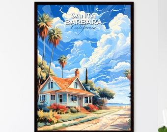 Santa Barbara, California, A Poster of a house with palm trees and a road. Customisable travel art print, a memorable gift.