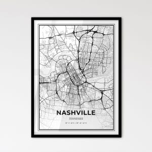 Nashville, Tennessee - Mapa de la ciudad de estilo escandinavo para una decoración moderna del hogar - Póster en blanco y negro