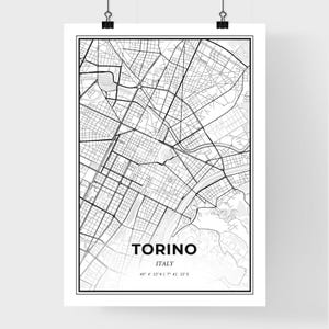 Turín, Italia - Mapa de la ciudad de estilo escandinavo para una decoración moderna del hogar - Póster en blanco y negro