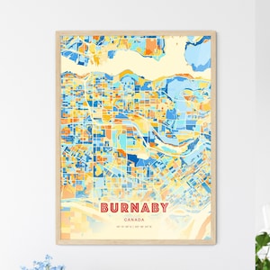 Carte artistique couleurs de la côte de Burnaby Canada, carte de la ville de Burnaby Canada - impression poster personnalisable, cadre ou aluminium dibond