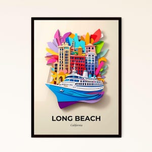 Vivid Long Beach, California - un ritaglio di carta di una nave da crociera in acqua - Stampa Fine Art, personalizzabile