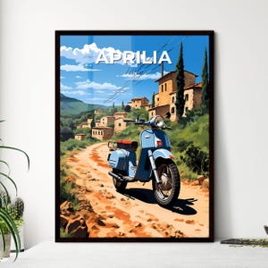 Aprilia, Italia, una scooter azul en un camino de tierra con edificios – Travel Skylines Collection / Personalizable