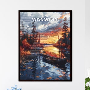 Escena vibrante de acuarela del atardecer en el río Wisconsin con barco fluvial y árboles: destinos de viaje / personalizables
