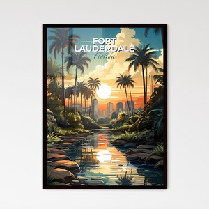 Fort Lauderdale, Florida, un fiume con palme e una città – Collezione Travel Skylines / Personalizzabile