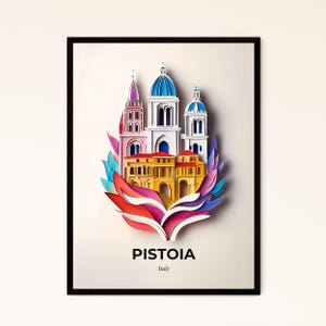 Pistoia, Italien - ein bunter Papierschnitt mit einer Kirche und einem Buch – Fine Art Print, personalisierbar