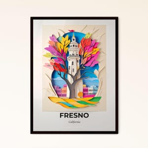 Fresno, Kalifornien - Scherenschnitt eines Leuchtturms umgeben von Bäumen – Fine Art Print, individualisierbar
