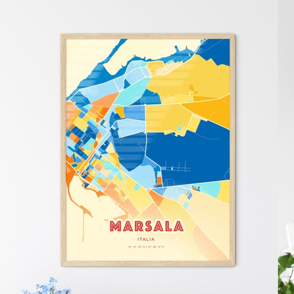 Bunter MARSALA ITALIEN Blau Orange Fine Art Print Marsala Italia Stadtplan, ein perfektes Geschenk.