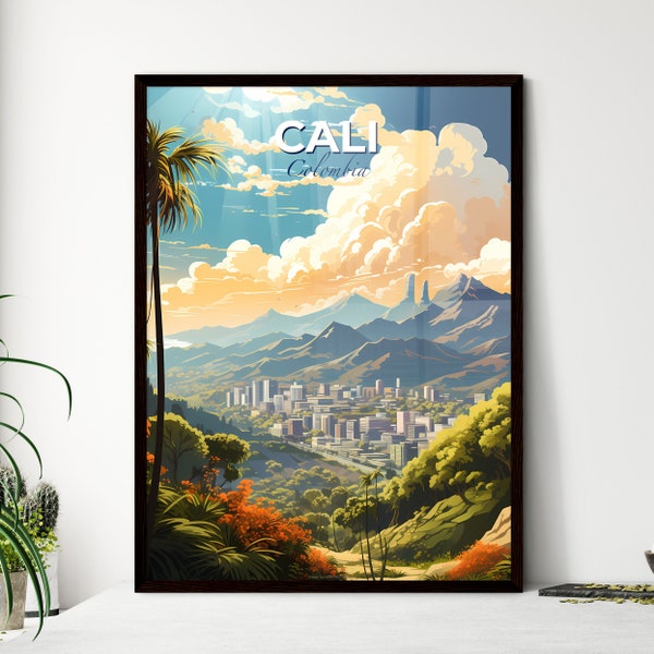 Skyline von Cali, Kolumbien – Eine Landschaft aus einer Stadt und Bergen – Travel Skylines Collection | KI-Kunst, hochauflösender Druck