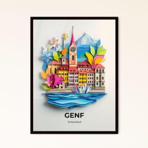 Genève, Suisse - Papier découpé représentant une ville avec une tour d'horloge - Impression d'art, personnalisable