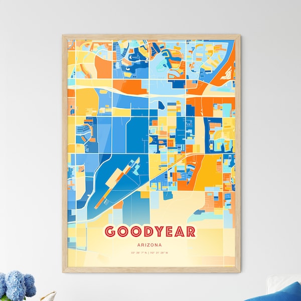 Colorful GOODYEAR ARIZONA Blue Orange Fine Art Print, Goodyear Usa Two-toned Creative Hometown City Poster, a perfect gift.