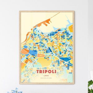 Mapa de arte com cores costeiras de Trípoli, Líbia, mapa da cidade de Trípoli, Líbia - pôster personalizável, impressão ou download digital