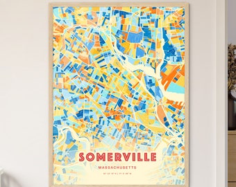 Colorful SOMERVILLE MASSACHUSETTS Blue Orange Fine Art Print, Somerville Usa Two-toned Creative Hometown City Poster, a perfect gift.