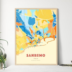 Mappa artistica dei colori costieri di Sanremo, Italia, mappa della città di Sanremo, Italia - Stampa poster personalizzabile o download digitale
