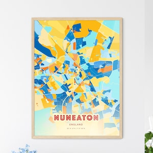 Carte artistique couleurs côtières de Nuneaton en Angleterre, carte de la ville de Nuneaton en Angleterre - affiche personnalisable ou téléchargement numérique
