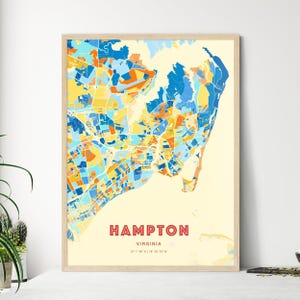 Mapa artístico de colores de la costa de Hampton, Virginia, EE. UU. - Póster personalizable, impresión o descarga digital