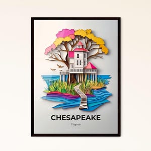 Vivid Chesapeake, Virginia - un ritaglio di carta di una casa su una spiaggia - Stampa Fine Art, personalizzabile