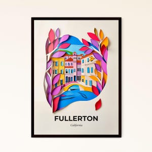 Vivid Fullerton, Kalifornien - Scherenschnitt einer Stadt mit Brücke – Fine Art Print, individualisierbar