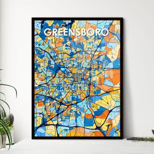 Póster del mapa artístico de Greensboro, Carolina del Norte: decoración vibrante y colorida para regalos únicos y un hogar espectacular