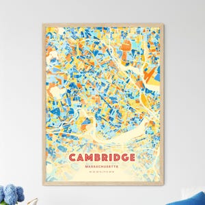 Carte artistique couleurs côtières du Massachusetts, Cambridge, États-Unis, affiche créative bicolore de la ville natale de Cambridge, également en téléchargement numérique