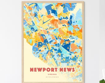 Colorful Newport News Virginia Blue Orange Fine Art Print, Newport News Usa City Map - Customizable Poster Print, Personalized Gift
