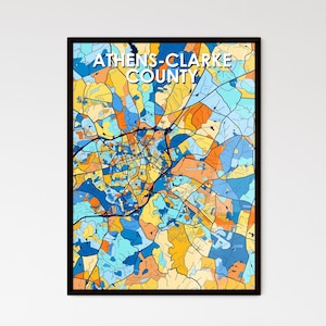 Affiche de carte artistique du comté d'Athènes-Clarke en Géorgie - décoration vibrante et unique pour votre maison ou cadeau personnalisable parfait !