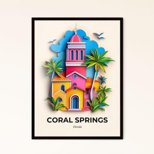Vivid Coral Springs, Florida - una chiesa con palme e un uccello che vola nel cielo - Stampa Fine Art, personalizzabile