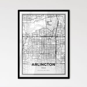 Arlington, Texas - Mapa de la ciudad de estilo escandinavo para una decoración moderna del hogar - Póster en blanco y negro