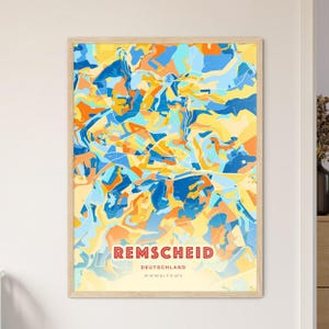 Carte artistique de couleurs côtières de Remscheid Allemagne, carte de la ville de Remscheid Deutschland - impression poster personnalisable ou téléchargement numérique