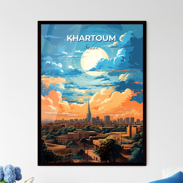 A Poster of Khartoum Sudan Skyline - A City With Trees And A Large Moon In The Sky  - Customizable Travel Gift, Travel Art