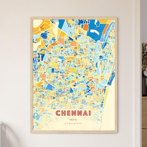 Carte d'art de couleurs côtières de Chennai en Inde, carte de la ville de Chennai en Inde - impression poster personnalisable ou téléchargement numérique