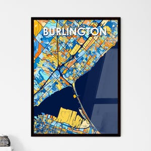 Impression artistique personnalisée de la carte de Burlington, Canada - Couleurs vives, décoration personnalisable | Cadeau unique pour la maison ou le bureau - oeuvre d'art murale parfaite