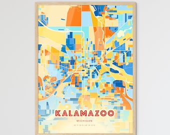 Colorful KALAMAZOO MICHIGAN Blue Orange Fine Art Print, Kalamazoo Usa Two-toned Creative Hometown City Poster, a perfect gift.