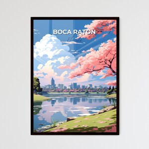 Boca Raton, Florida, un paesaggio di un lago con alberi rosa e una città – Collezione Travel Skylines / Personalizzabile