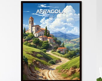 Afragola, Italy, A Poster of a landscape with a road and buildings on a hill. Customisable travel art print, a memorable gift.