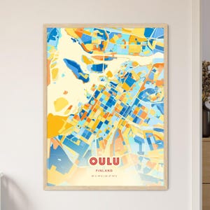 Carte artistique des couleurs côtières d'Oulu en Finlande, carte de la ville d'Oulu en Finlande - affiche personnalisable en impression ou en téléchargement numérique