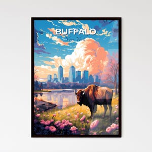 Horizonte de Buffalo, Nova York - Um búfalo em um campo gramado ao lado de um corpo d'água - Presente personalizável, arte de viagem