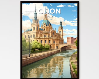 Gijon, Spain, A Poster of a building with a bridge and trees. Customisable travel art print, a memorable gift.