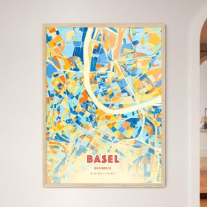 Basel Switzerland Coastal Colors Art Map, Basel Schweiz City Map - Customizable Poster Print, Framed or Aluminum dibond
