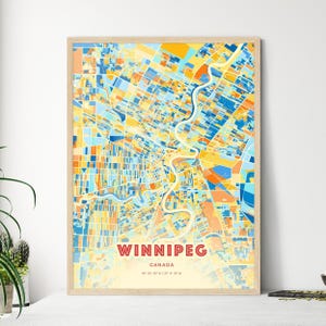 Mapa artístico de los colores de la costa de Winnipeg, Canadá. Mapa de la ciudad de Winnipeg, Canadá. Impresión de póster personalizable, enmarcada o en dibond de aluminio.