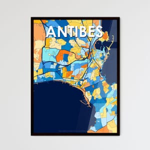 ANTIBES FRANCE Affiche de carte artistique personnalisée vibrante - Décoration murale personnalisable | Cadeau unique pour les amateurs de design d'intérieur