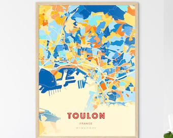 Colorful TOULON FRANCE Blue Orange Fine Art Print, Toulon France City Map, a perfect gift.