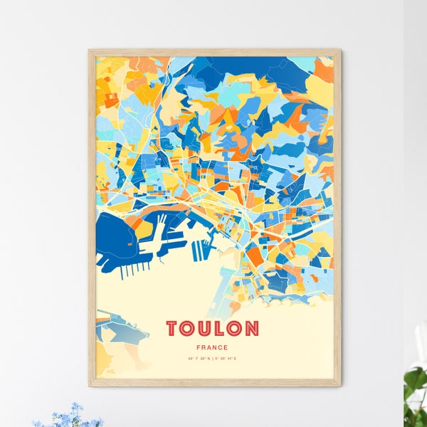 Colorful TOULON FRANCE Blue Orange Fine Art Print, Toulon France City Map, a perfect gift.