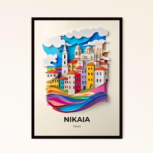 Vivid Nikaia, Grecia - un ritaglio di carta di una città con un fiume - Stampa Fine Art, personalizzabile