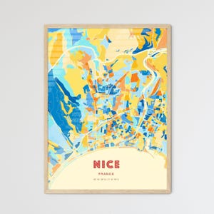 Carte artistique de Nice France couleurs côtières, carte de la ville de Nice France - impression affiche personnalisable ou téléchargement numérique