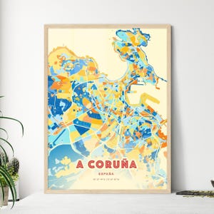 Carte artistique couleurs côtières de La Corogne, Espagne, carte de la ville de La Corogne, Espagne - affiche personnalisable ou téléchargement numérique