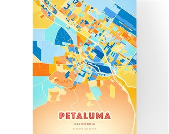 Bunter PETALUMA CALIFORNIA blau Orange Fine Art Print Petaluma USA Stadt Karte, ein perfektes Geschenk.