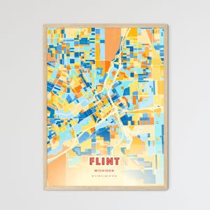 Carte d'art silex couleurs côtières du Michigan, affiche créative bicolore de ville natale de Flint Usa, également en téléchargement numérique